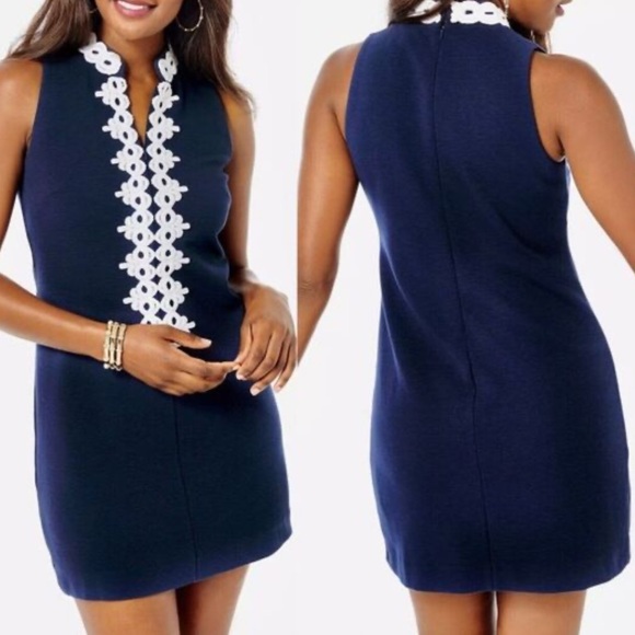 Vince Camuto Navy Blue & White Embroidered Sleeveless Sheath Dress - Picture 1 of 16